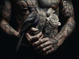 ai gerado tatuado homem segurando uma Preto pássaro e uma rosa foto