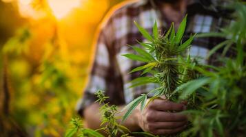 ai gerado cannabis plantar dentro mãos do agricultor às pôr do sol. cannabis crescer Operação foto