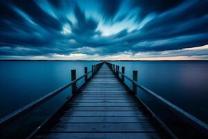 ai gerado de madeira cais em a de praia com azul céu e branco nuvens foto