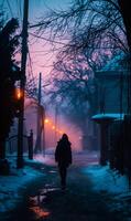 ai gerado jovem mulher caminhando ao longo a rua às noite dentro uma nebuloso inverno dia foto