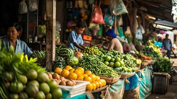 ai gerado local pessoas vendendo frutas e legumes às a mercado foto