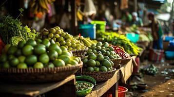 ai gerado local pessoas vendendo frutas e legumes às a mercado foto