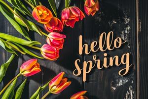 ai gerado Olá Primavera letras com tulipa flores em Sombrio de madeira fundo. foto