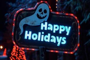 ai gerado feliz feriados placa com uma crânio em a fundo do Natal árvores foto