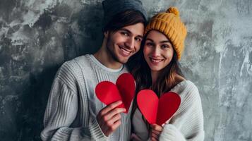 ai gerado fofa jovem casal é segurando vermelho papel corações, olhando às Câmera e sorridente enquanto em pé contra cinzento fundo foto