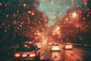 ai gerado tráfego em a estrada dentro a chuva. borrado fundo. foto