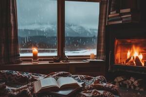 ai gerado acolhedor inverno tarde de a janela com uma livro e uma lareira foto
