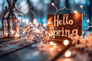 ai gerado Olá Primavera mensagem em de madeira fundo com luzes e flores Olá Primavera. foto