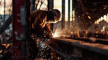 ai gerado industrial trabalhador Soldagem aço estrutura às construção local. faíscas enquanto trabalhando foto