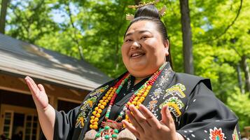 ai gerado feroz japonês fêmea sumô lutador exibindo dela Habilidades dentro uma tradicional Combine foto