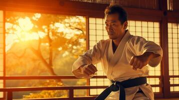 ai gerado enérgico japonês taekwondo lutador exibindo marcial artes Habilidades dentro dojo configuração foto