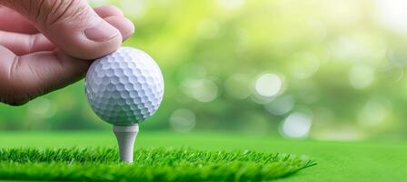 ai gerado golfe curso panorama com jogador de golfe colocação bola em camiseta, criando pitoresco cena e cópia de espaço foto