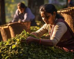 ai gerado sri lankan mulher trabalhando às chá plantação. foto