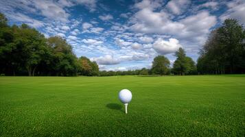 ai gerado colocação golfe bola em tee às pitoresco golfe curso com panorâmico Visão e cópia de espaço foto
