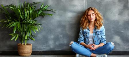 ai gerado sereno jovem mulher meditando às casa para mental saúde e estresse alívio dentro vivo quarto foto