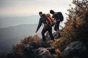 ai gerado caminhantes escalada em montanha. ajuda, risco e Apoio, suporte conceito. neural rede gerado cenário foto