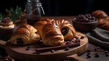 ai gerado recentemente cozido doce croissant sopro pastelaria pães com chocolate em de madeira quadro, neural rede gerado imagem foto