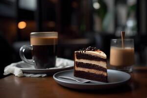 ai gerado chocolate bolo com vidro copo do café em cafeteria mesa, neural rede gerado imagem foto