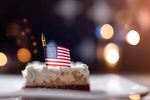 ai gerado fatia do bolo com americano bandeira com bokeh fundo, neural rede gerado imagem foto