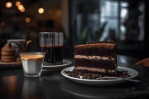 ai gerado chocolate bolo com vidro copo do café em cafeteria mesa, neural rede gerado imagem foto