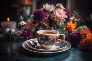 ai gerado copo do café e flores em a mesa, neural rede gerado fotorrealista imagem foto