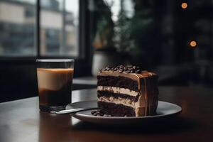 ai gerado chocolate bolo com vidro copo do café em cafeteria mesa, neural rede gerado imagem foto