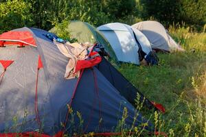 linha do de várias turista tendas dentro a selvagem às verão dia foto