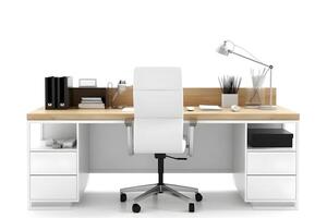 ai gerado escritório local de trabalho escrivaninha dentro frente do esvaziar cadeira isolado em branco fundo, neural rede gerado imagem foto