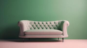 ai gerado minimalista pastel Rosa sofá em verde parede fundo, neural rede gerado imagem foto
