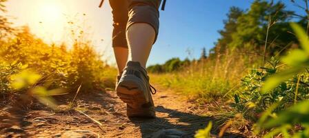 ai gerado homens vestindo Esportes sapatos e mochilas corrida ao longo uma cênico montanha caminho no meio natureza foto