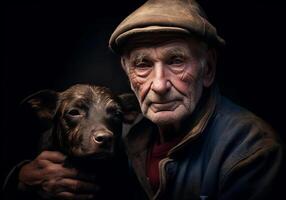 ai gerado retrato do uma momento do afeição entre a idosos agricultor homem e dele cachorro. Cuidado e atenção. doméstico e Fazenda animais. foto