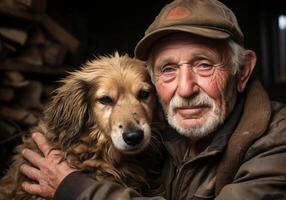 ai gerado retrato do uma momento do afeição entre a idosos agricultor homem e dele cachorro. Cuidado e atenção. doméstico e Fazenda animais. foto