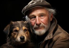 ai gerado retrato do uma momento do afeição entre a idosos agricultor homem e dele cachorro. Cuidado e atenção. doméstico e Fazenda animais. foto