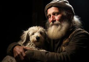 ai gerado retrato do uma momento do afeição entre a idosos agricultor homem e dele cachorro. Cuidado e atenção. doméstico e Fazenda animais. foto