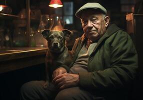 ai gerado retrato do uma momento do afeição entre a idosos agricultor homem e dele cachorro. Cuidado e atenção. doméstico e Fazenda animais. foto