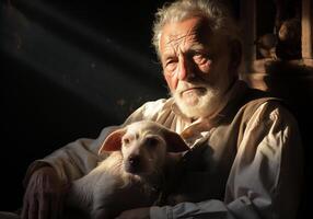 ai gerado retrato do uma momento do afeição entre a idosos agricultor homem e dele cachorro. Cuidado e atenção. doméstico e Fazenda animais. foto