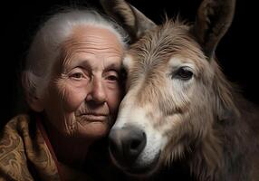 ai gerado retrato do uma momento do afeição entre a idosos agricultor mulher e dele burro. Cuidado e atenção. doméstico e Fazenda animais. foto