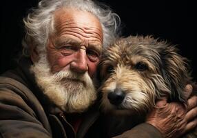 ai gerado retrato do uma momento do afeição entre a idosos agricultor homem e dele cachorro. Cuidado e atenção. doméstico e Fazenda animais. foto