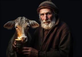 ai gerado retrato do uma momento do afeição entre a idosos homem agricultor e dele vaca. Cuidado e atenção. doméstico e Fazenda animais. foto