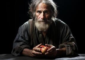 ai gerado retrato do idosos agricultor homem dentro dele rústico cozinha com a maçã. Comida e saudável vivendo. foto