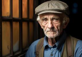 ai gerado retrato do idosos homem com boné e pensativo face. foto