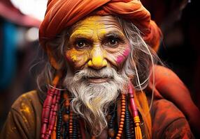 ai gerado retrato do sério indiano homem às holi festival dentro Índia. tradições e cultura. foto