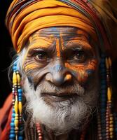 ai gerado retrato do sério indiano homem às holi festival dentro Índia. tradições e cultura. foto