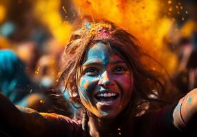 ai gerado feliz pessoas às a holi festival dentro Índia. tradições e cultura. foto