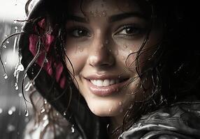 ai gerado retrato do lindo mulher debaixo pesado chuva. chuvoso clima. foto