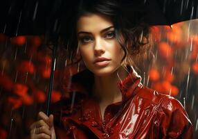 ai gerado retrato do lindo mulher debaixo pesado chuva. chuvoso clima. foto