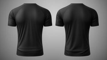 ai gerado Preto t camisa brincar modelo para frente e costas Projeto impressão em Sombrio fundo com tecido textura foto