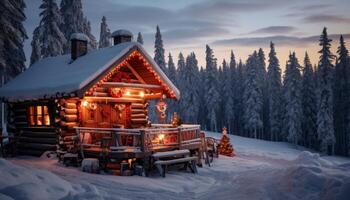 ai gerado acolhedor inverno país das maravilhas uma encantador chalé com festivo Natal decorações e Nevado arredores foto