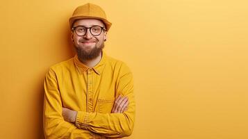 ai gerado sorridente construção trabalhador dentro uniforme e capacete com cópia de espaço, trabalho dia conceito foto