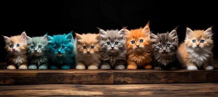 ai gerado brincalhão multicolorido gatinhos sentado lado de lado, exibindo seus único casaco cores dentro uma linha foto